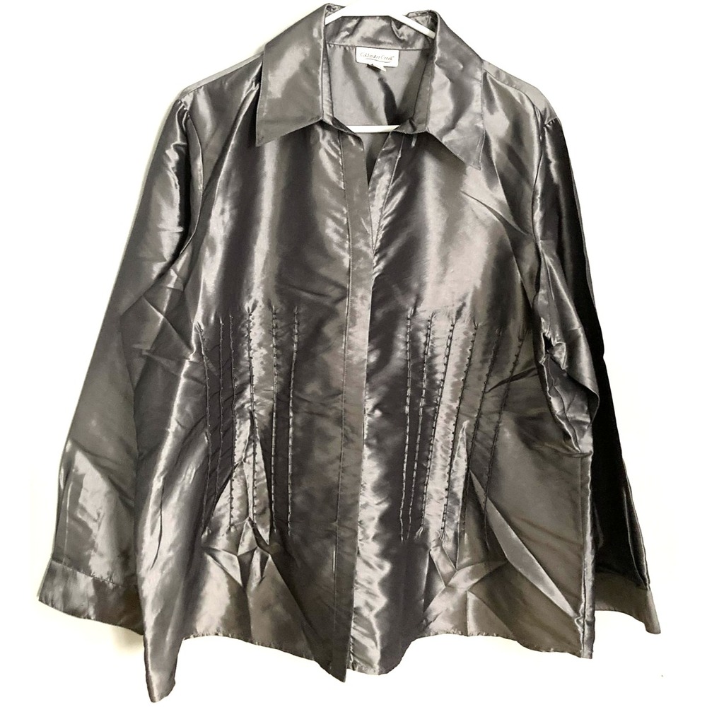 Coldwater Creek Blouse Womens 3X Gray Satin Beaded Pleated Button Front EUC
